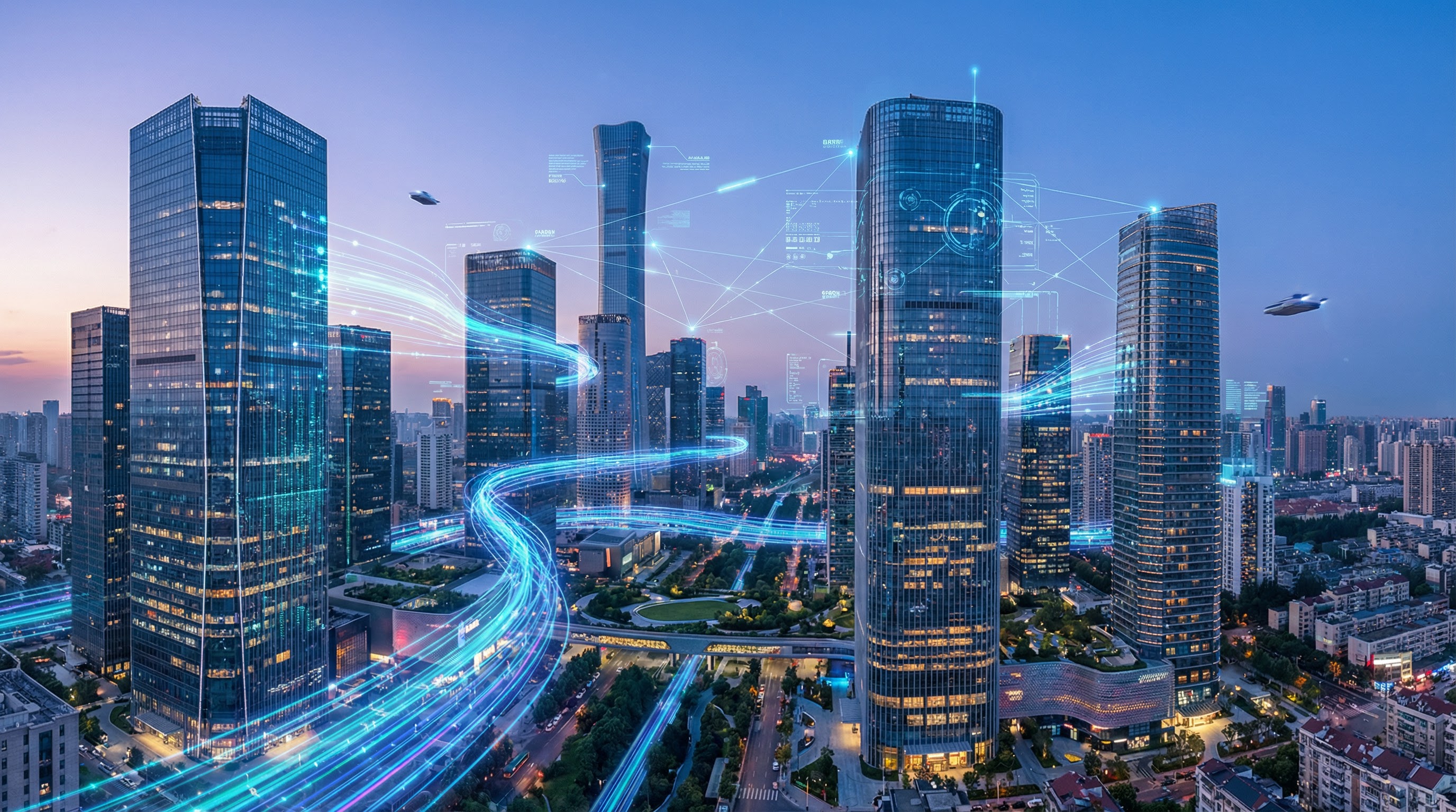 Futuristische Smart City mit Datenströmen zwischen Gebäuden